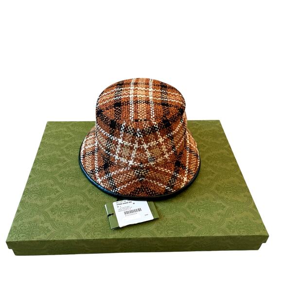 GUCCI GG Elevation Tweed Tartan Bucket Hat Cap 728469 Brown Size Medium NEW - Picture 10 of 16
